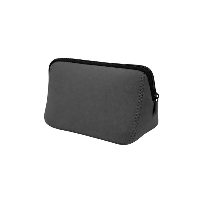 A grey neoprene cosmetic bag with a zip closure and stitched detailing. Features a branding logo.