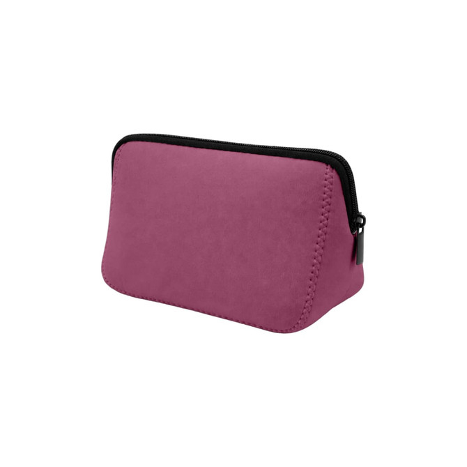 A pink neoprene cosmetic bag with a black zipper and stitched detailing. It has a smooth, soft texture.