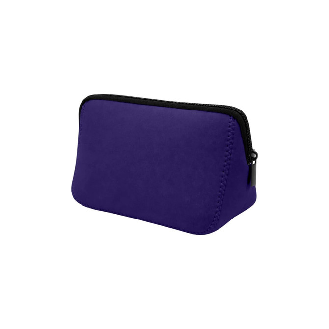 A purple neoprene cosmetic bag with a black zipper and stitching. It features a simple, smooth design.