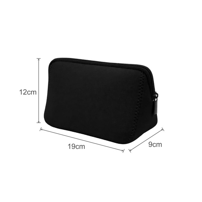 A black neoprene cosmetic bag with a zip closure, featuring a simple design and dimensions of 19cm x 12cm x 9cm.