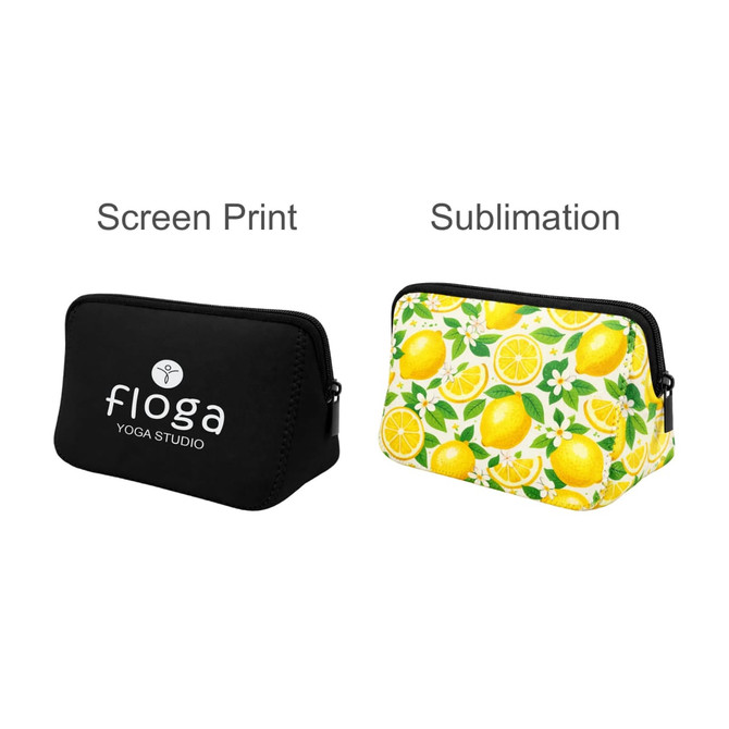 A black neoprene cosmetic bag with a logo and a yellow bag with a lemon pattern. Both feature zippers.