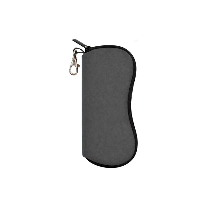 A grey neoprene glasses pouch with a zipper and clip for easy attachment. It features a smooth surface and curved design.