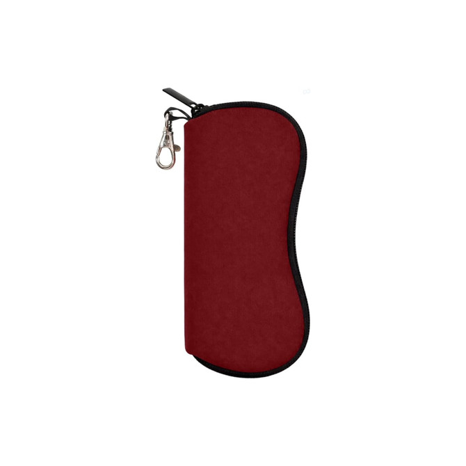 A maroon neoprene glasses pouch with a zipper and clip for attachment. Features a sleek, curved design.