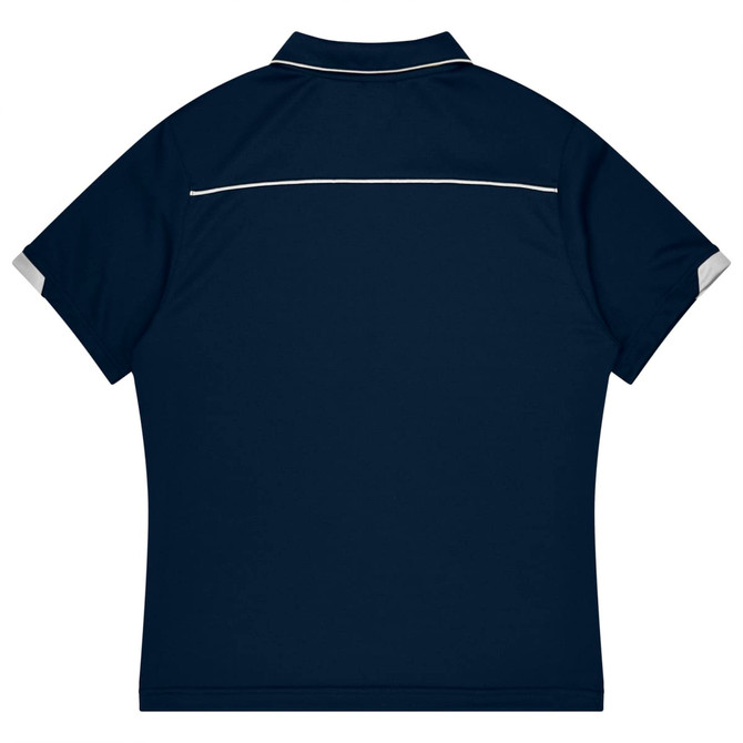 A navy blue polo shirt with short sleeves and a white trim. It features a logo on the back.