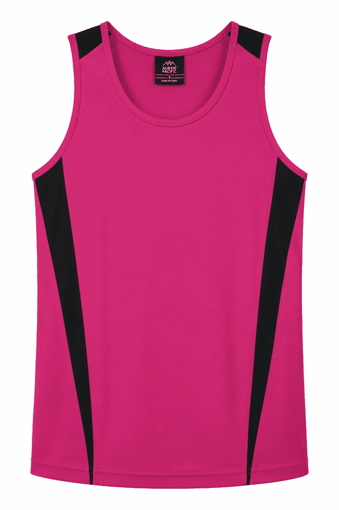 A vibrant pink singlet with black side panels and a logo on the neckline. Perfect for active wear.