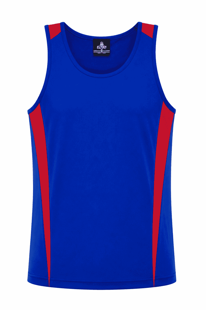 A blue singlet with red side panels and a logo on the chest. Suitable for casual wear or sports activities.