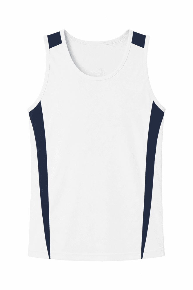 A white singlet with navy blue side panels. The design includes a simple, sporty look and has a logo.