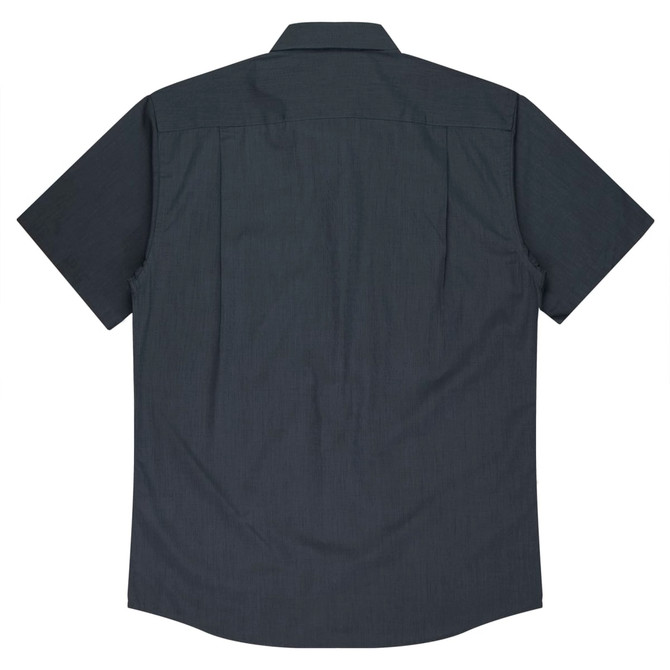 A short-sleeve button-up shirt in dark grey with a plain back design and a collar. Features a logo.