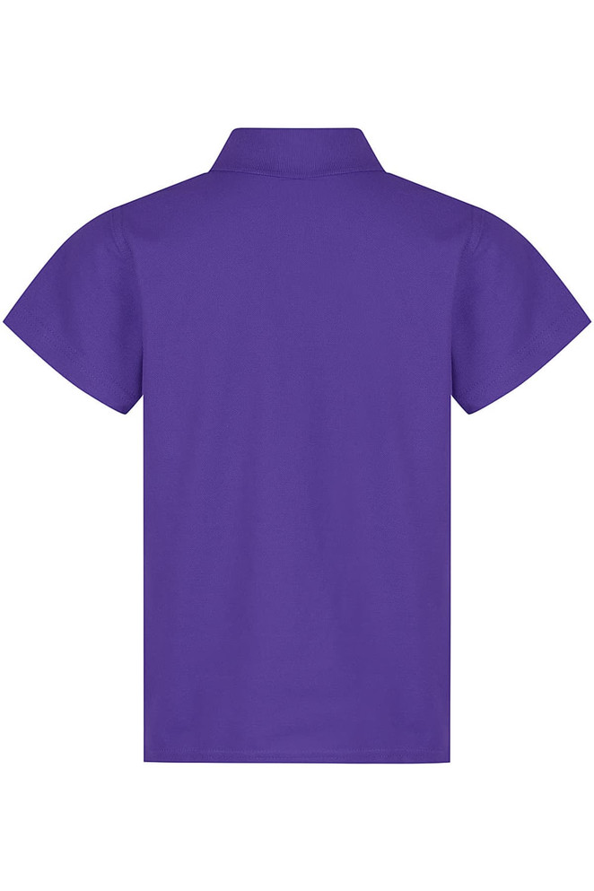 A purple polo shirt with short sleeves, featuring a collar and a clean back design. It includes a logo.