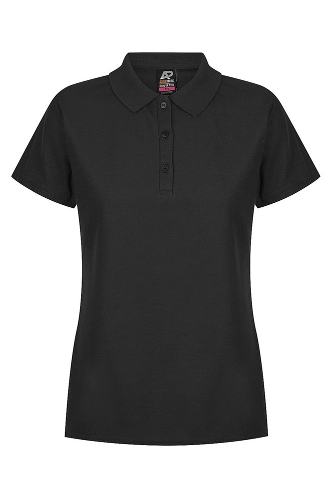 A black polo shirt featuring a three-button placket and a logo on the collar.