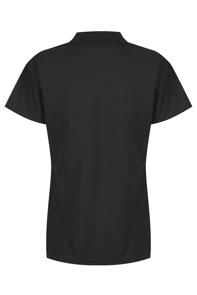 A black polo shirt with a classic collar and short sleeves, featuring a logo on the front.