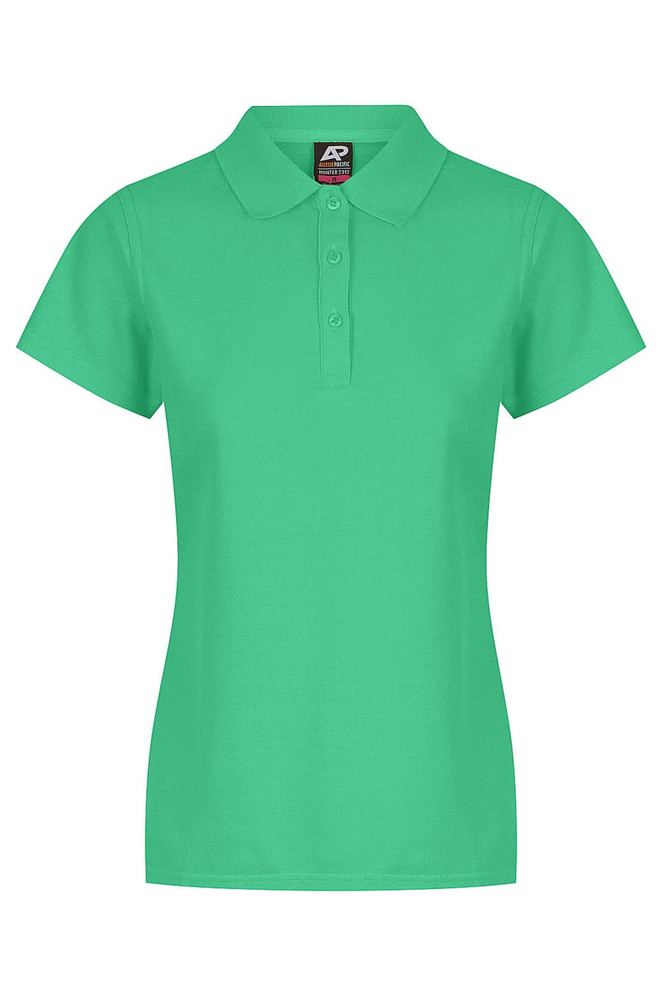 A green polo shirt with a classic collar and button placket. Features a branding logo.