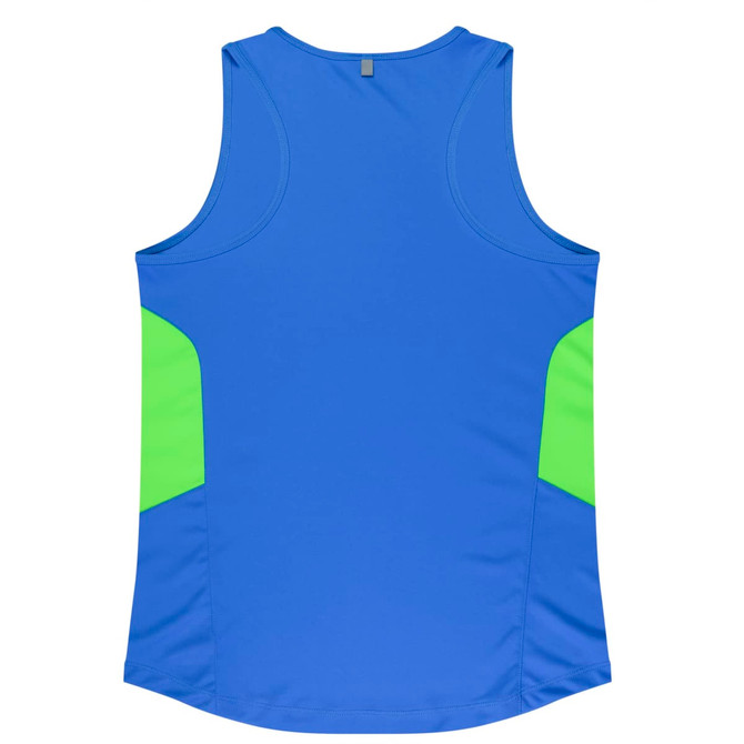 A blue singlet featuring green side panels and a logo. Designed for women's activewear.