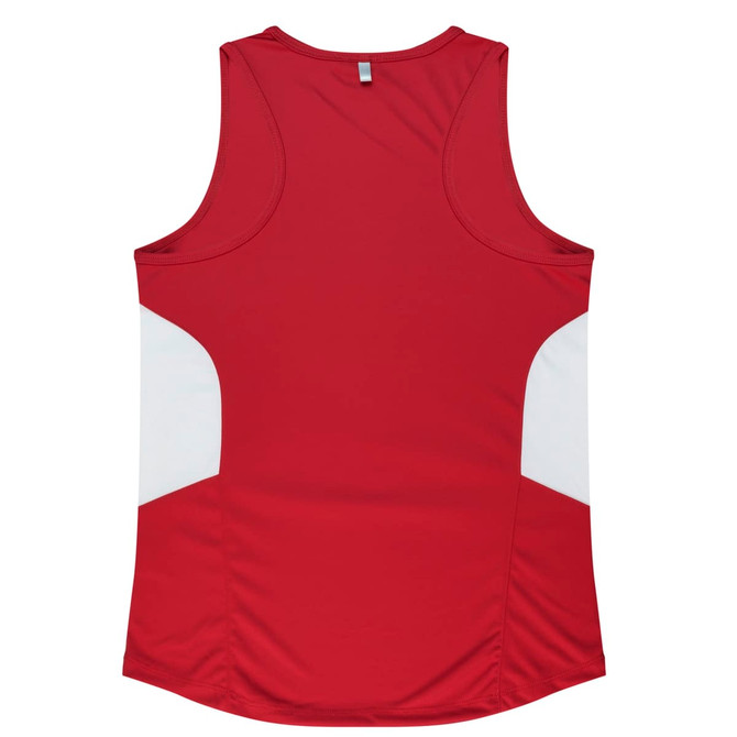 A red singlet with white side panels and a branding logo on the back.
