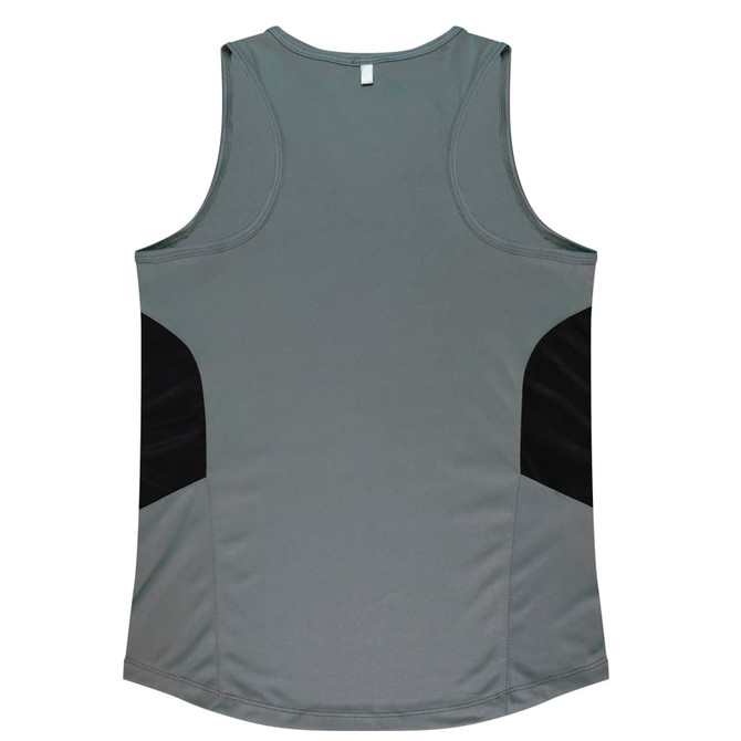 A grey singlet with black side panels and a logo on the back, featuring a comfortable sleeveless design.
