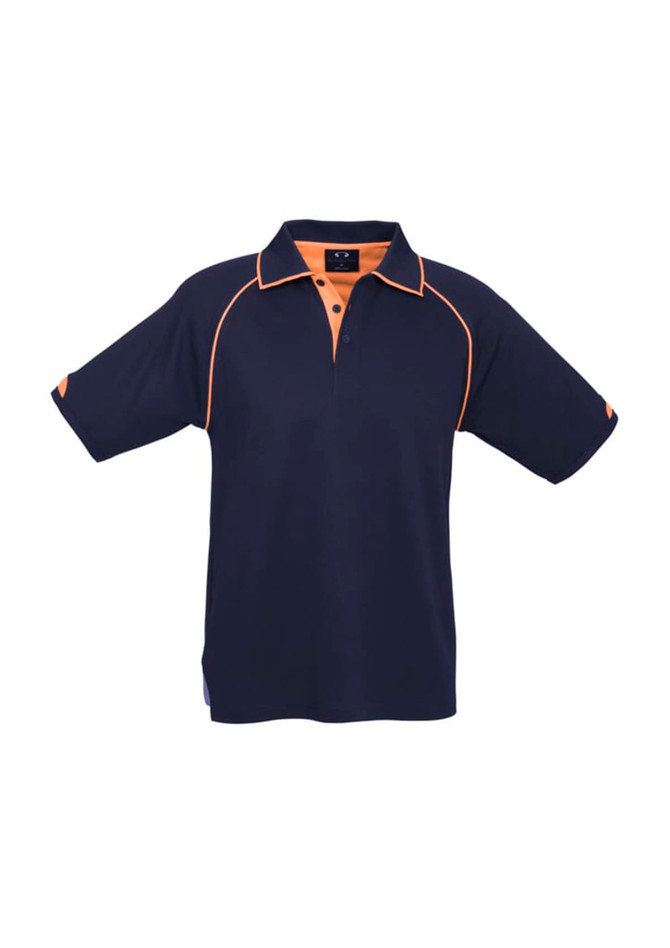A navy blue polo shirt with orange accents and a logo on the chest. Short sleeves and a classic collar design.