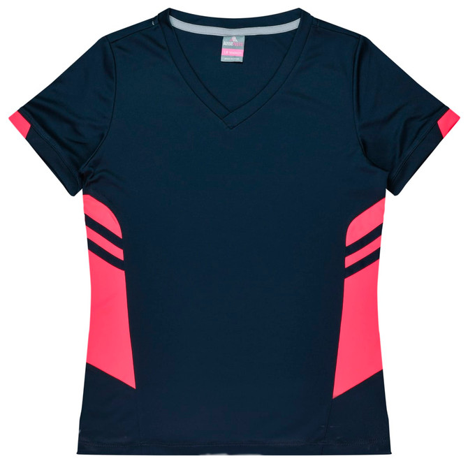 A dark navy T-shirt with pink accents and a V-neck design. The shirt includes a logo on the front.
