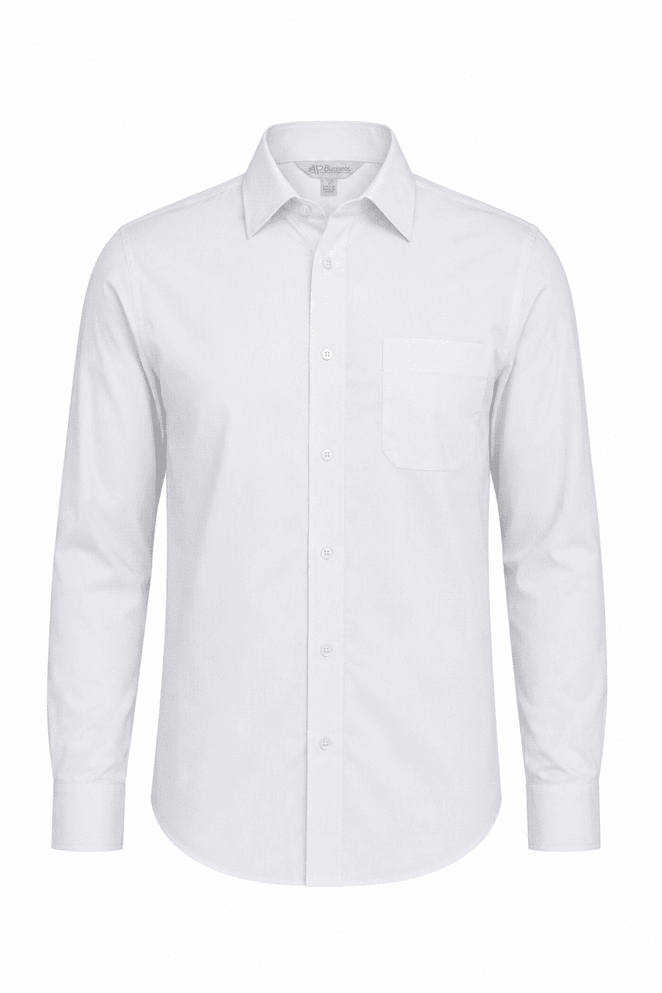 A long-sleeve button-up shirt in white with a pocket and a collar. It features a logo brand.