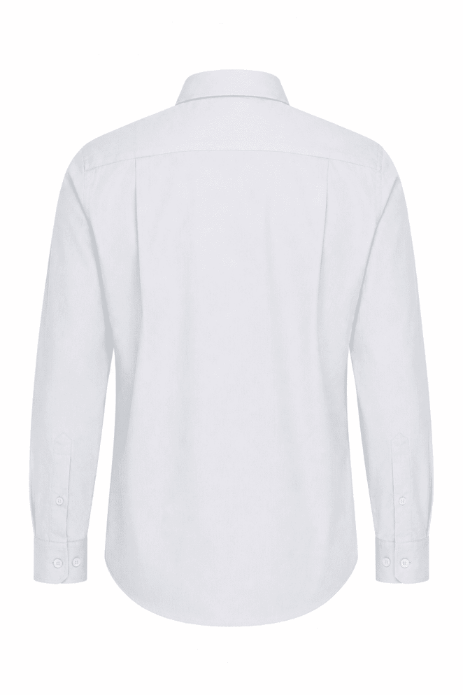 A long-sleeve white button-up shirt featuring a classic design and a simple back view. Includes a logo.
