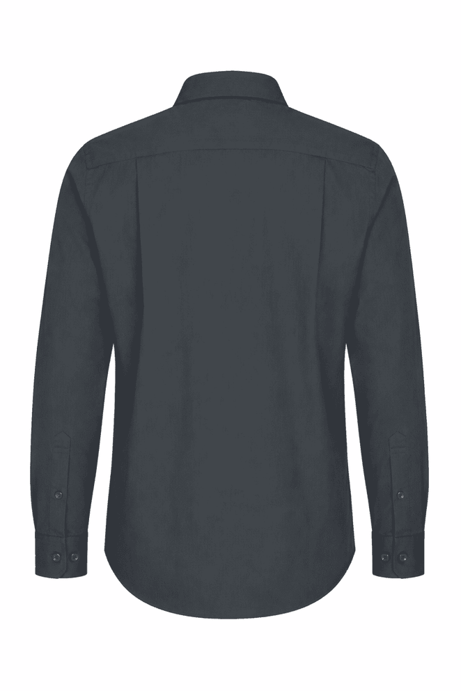 A long sleeve button-up shirt in a solid dark grey colour. The back features a sleek design with a collar and button details.