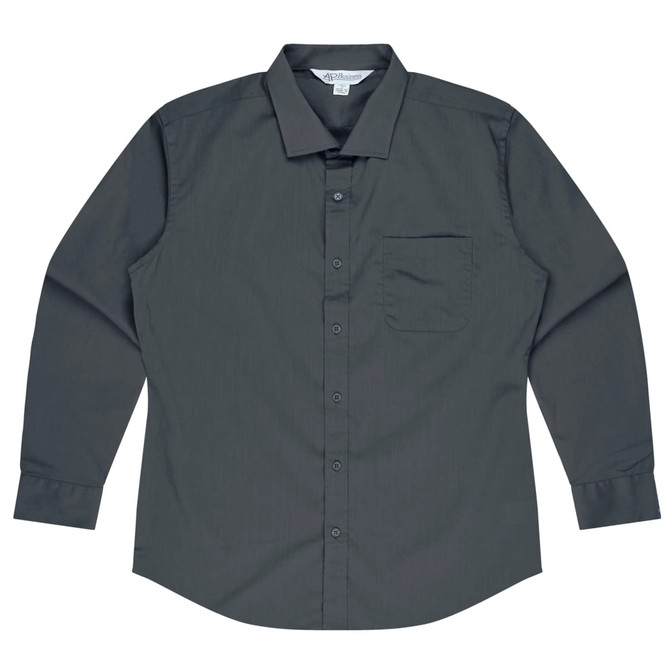 A long sleeve button-up shirt in dark grey, featuring a front pocket and a collar, with a logo on the label.