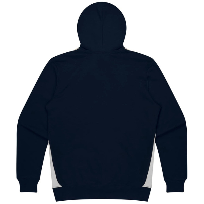 A navy blue hoodie with a hood and contrasting side panels. It features a logo on the back.