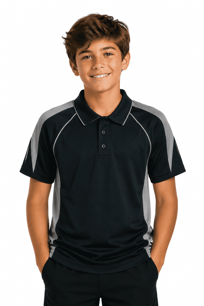 A polo shirt for kids in black with grey accents, featuring a collar and short sleeves. It has a logo on the chest.