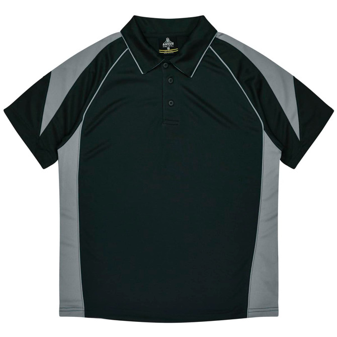 A dark green polo shirt with grey side panels and a collar, featuring a logo.