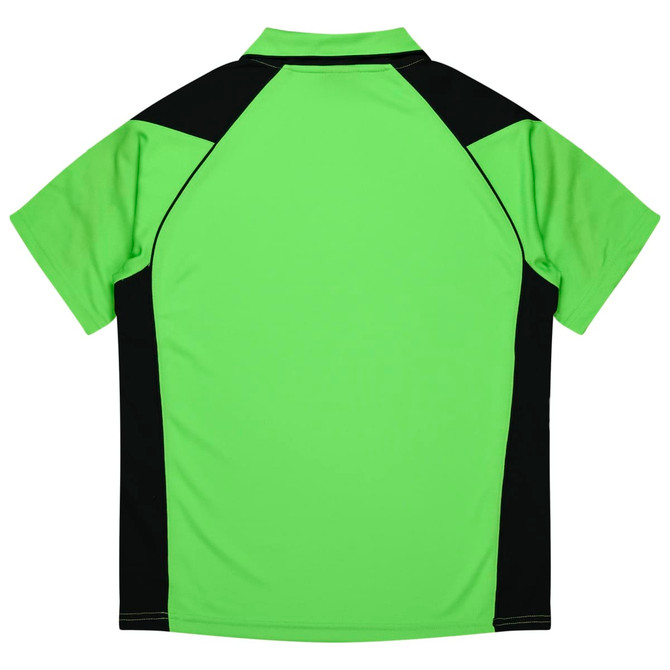 A bright green polo shirt with black accents and a logo on the back.