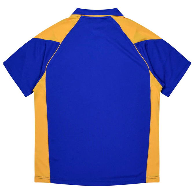 A blue and gold polo shirt featuring a logo on the chest and short sleeves.