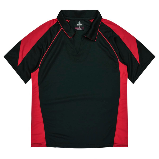 A polo shirt featuring a black body with red accents and a collar, designed for women. It has branding on the tag.