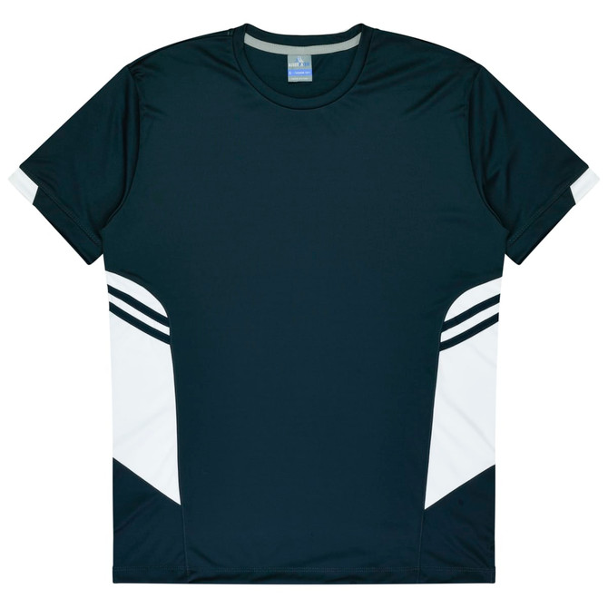 A dark green T-shirt with white side panels and stripes. It features a logo on the neckline.