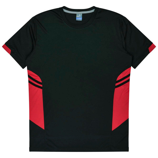 A black t-shirt with red accents on the sides and a logo on the collar. Ideal for kids.