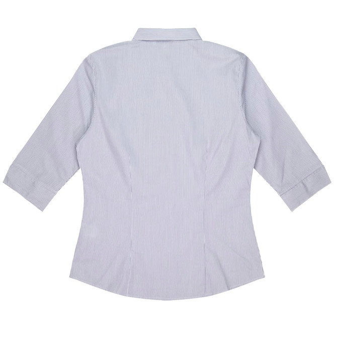 A light blue and white striped button-up shirt with 3/4 sleeves and a collar, featuring a logo.