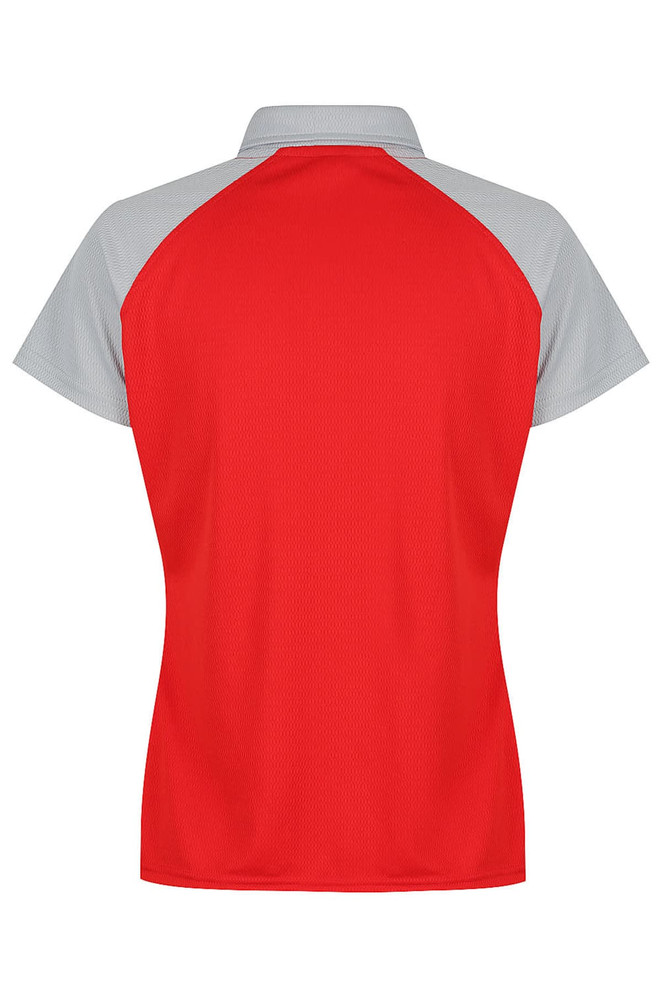 A red and grey polo shirt featuring a sporty design and a branding logo on the back.