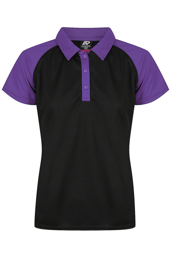 A black and purple polo shirt featuring a collar, short sleeves, and a logo on the collar.