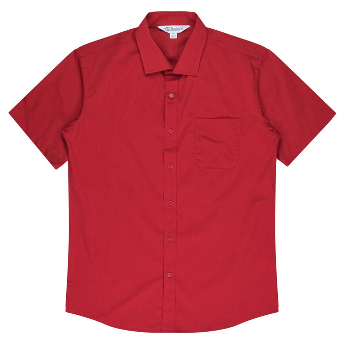A short sleeve button-up shirt in deep red with a single chest pocket and a logo label on the collar.
