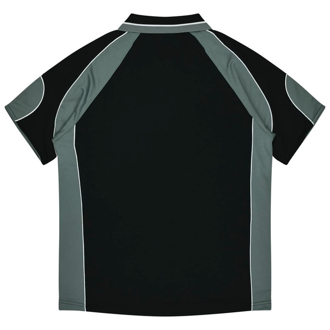 A black polo shirt with grey accents and piping, featuring a collar and short sleeves.