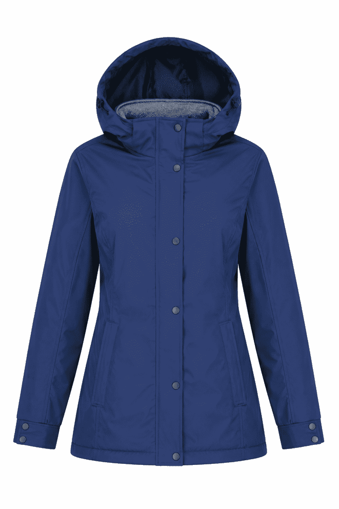 A navy blue jacket featuring a hood, front buttons, and side pockets, with a branded logo.