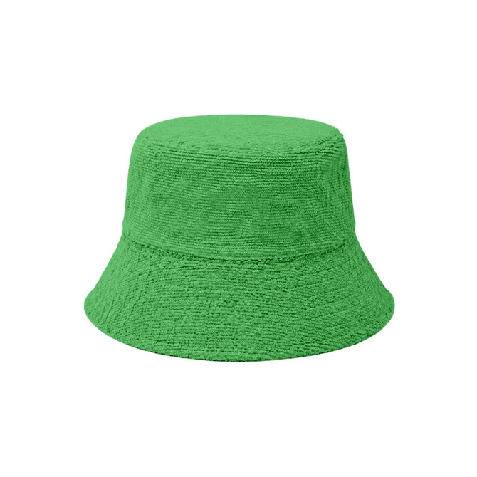 A green reversible bucket hat made from dual materials, featuring a textured surface and a simple design.