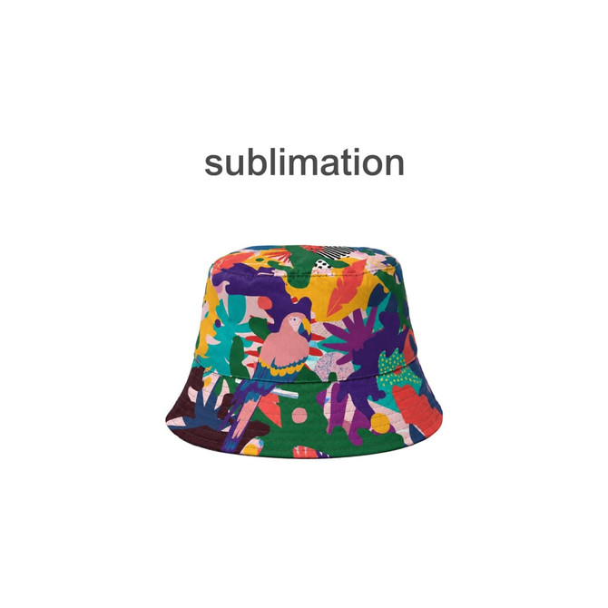A reversible bucket hat in vibrant colours featuring tropical designs and an inner contrast colour. Includes a logo.
