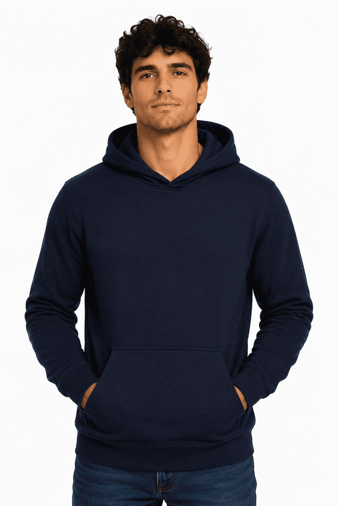 A men's hoodie in navy blue featuring a front pocket and a drawstring hood, displaying a logo.