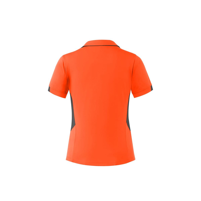 An orange polo shirt with black side accents, featuring a collar and short sleeves. It has a logo on the front.