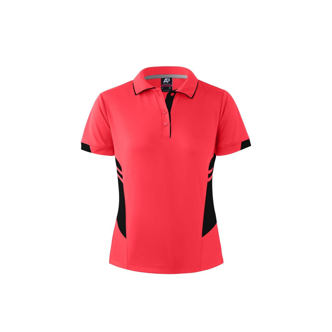 A red polo shirt for women featuring black side panels and a collar. Includes branding on the label.