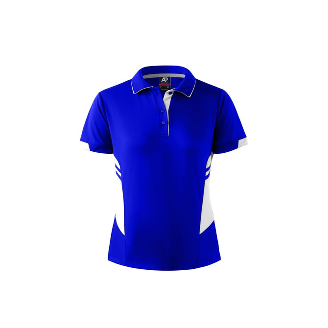 A blue women's polo shirt featuring white side accents and a logo on the chest.