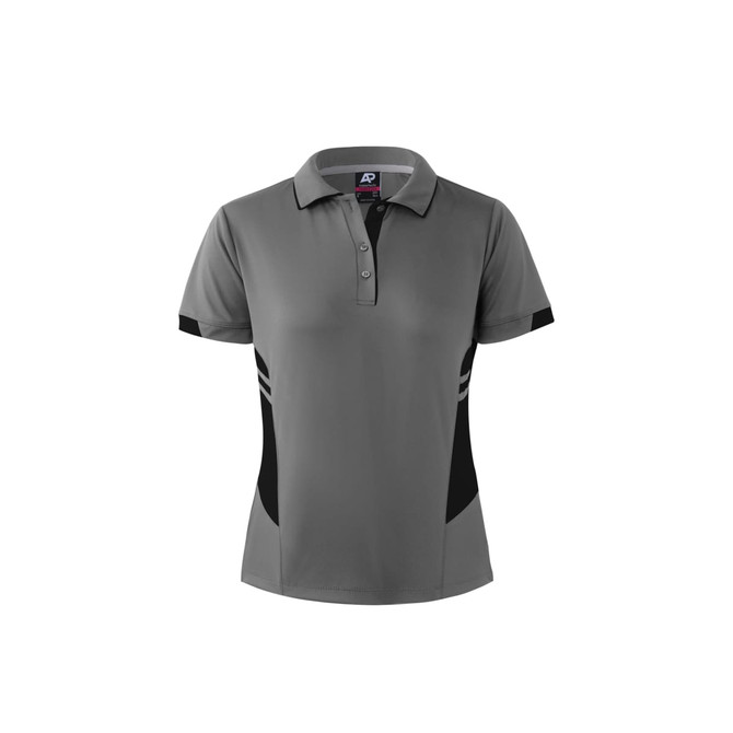 A grey polo shirt with black side panels and a logo on the collar. Short sleeves and a classic polo design.
