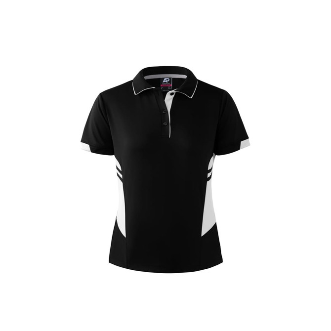 A black polo shirt with white accents and a logo, designed for women. Features a collared neckline and buttons.
