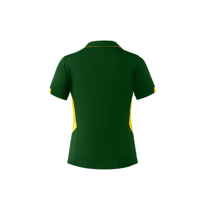 A green and yellow polo shirt with a collar and short sleeves, featuring a logo on the front.