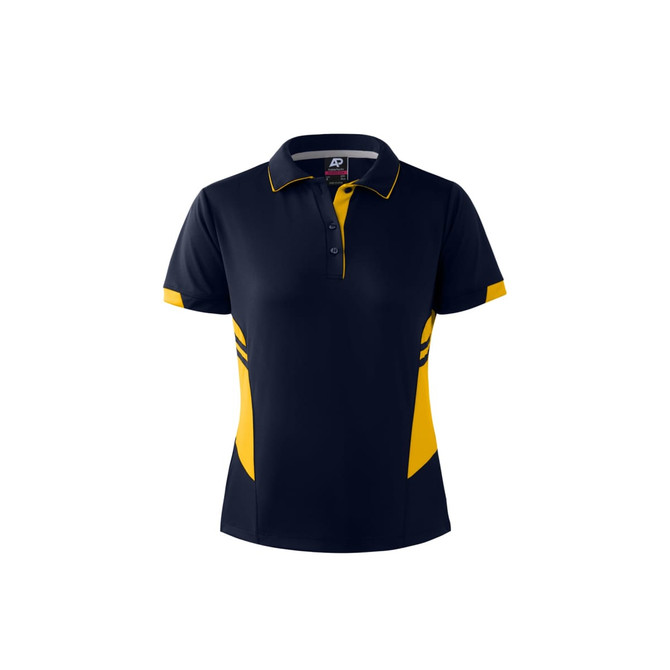 A navy blue and yellow women's polo shirt featuring a branded logo and a modern design.