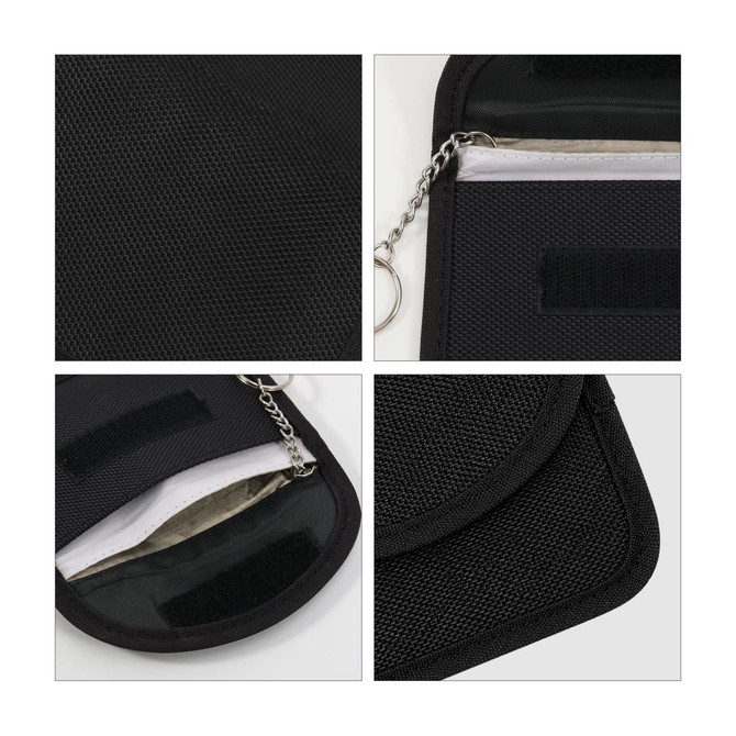 A black RFID blocking key pouch featuring a textured surface, zipper compartment, and a keychain attachment.